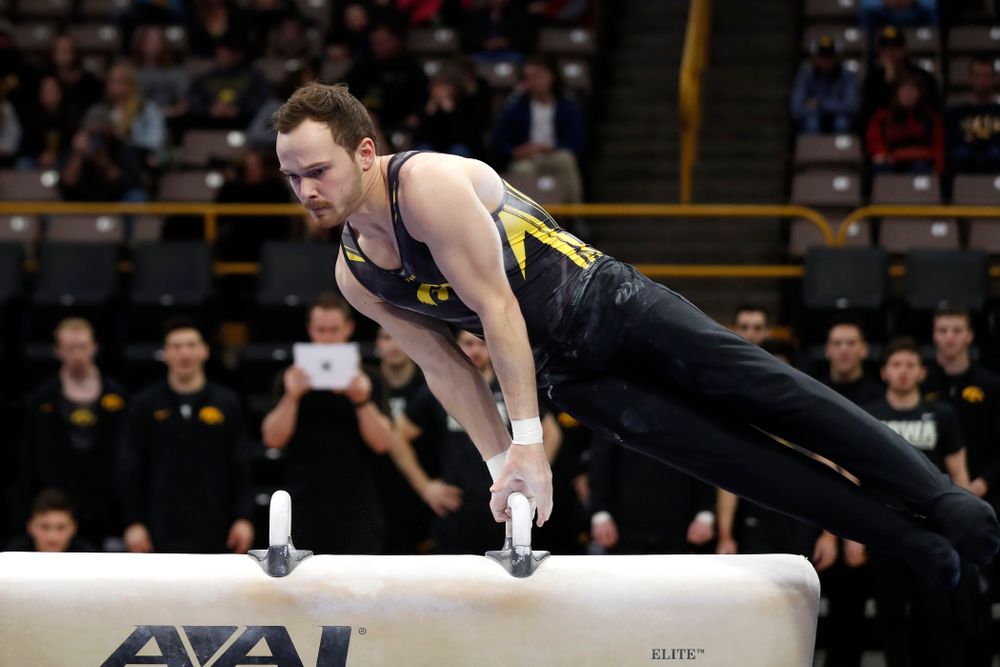 Dylan Ellsworth competes on the pommel horse  against Minnesota and Air Force 