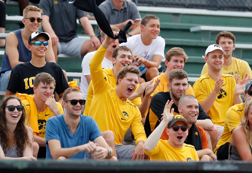 Members of the swimming and diving team cheer during the Iowa Student Athlete Kickoff Kickball game  Sunday, August 19, 2018 at Duane Banks Field. (Brian Ray/hawkeyesports.com)