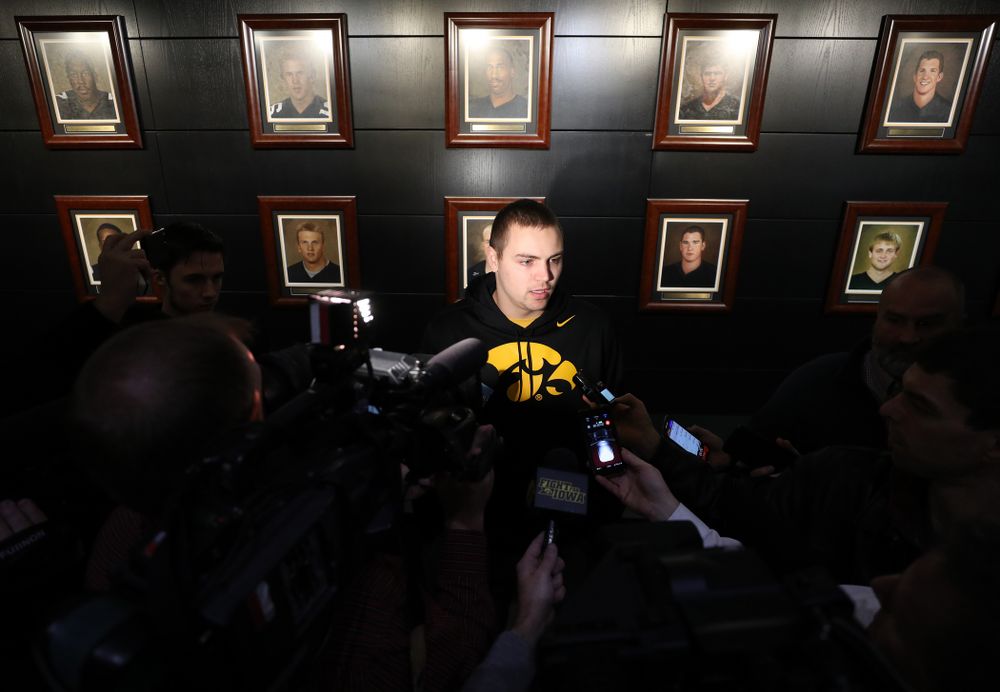 Iowa Hawkeyes quarterback Nate Stanley (4) addresses the media about the Hawkeyes selection to face Mississippi State in the Outback Bowl Sunday, December 2, 2018 at the Hansen Football Performance Center. (Brian Ray/hawkeyesports.com)