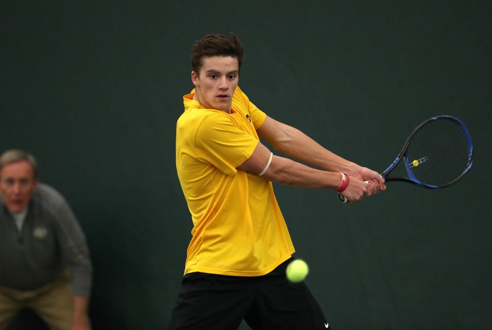 Joe Tyler against the Butler Bulldogs Sunday, January 27, 2019 at the Hawkeye Tennis and Recreation Complex. (Brian Ray/hawkeyesports.com)