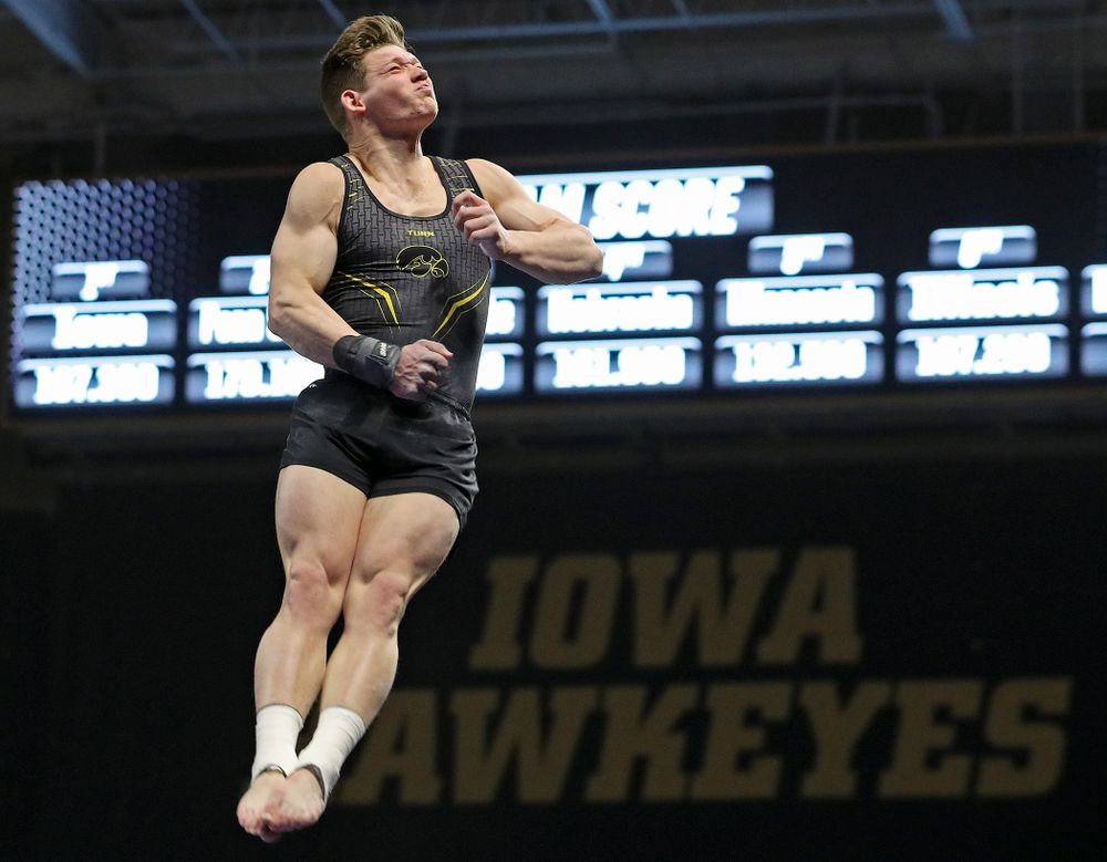Iowa's Stewart Brown competes in the vault during the first day of the Big Ten Men's Gymnastics Championships at Carver-Hawkeye Arena in Iowa City on Friday, Apr. 5, 2019. (Stephen Mally/hawkeyesports.com)