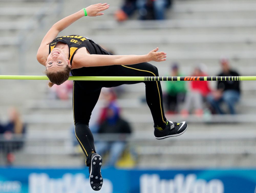 Iowa's Aubrianna Lantrip jumps in the women's high jump event during the third day of the Drake Relays at Drake Stadium in Des Moines on Saturday, Apr. 27, 2019. (Stephen Mally/hawkeyesports.com)