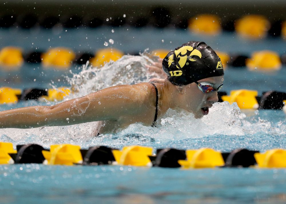 IowaÕs Christina Kaufman competes in the 200 yard butterfly against Notre Dame and Illinois Saturday, January 11, 2020 at the Campus Recreation and Wellness Center.  (Brian Ray/hawkeyesports.com)