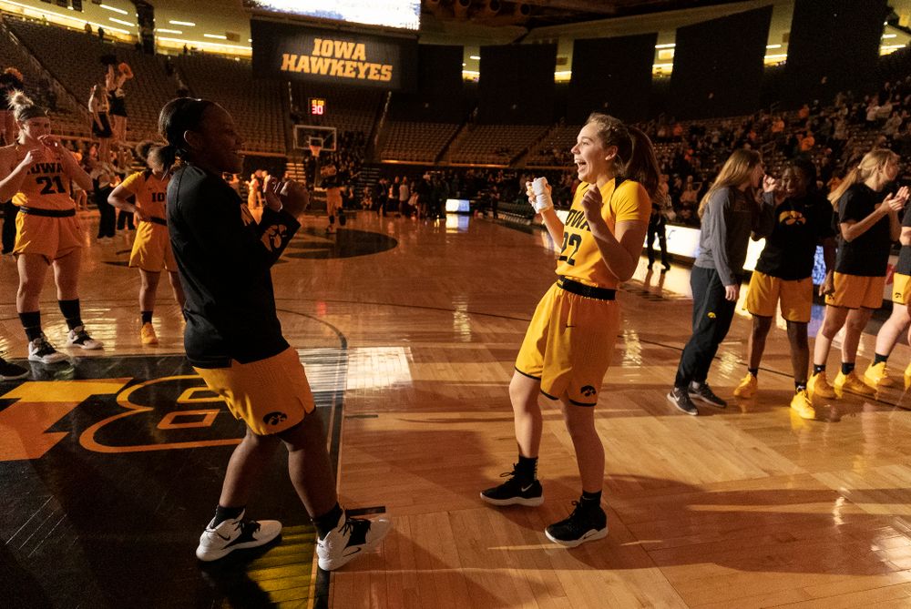 Iowa Hawkeyes guard Zion Sanders (24) and guard Kathleen Doyle (22) against the Michigan State Spartans Thursday, February 7, 2019 at Carver-Hawkeye Arena. (Brian Ray/hawkeyesports.com)