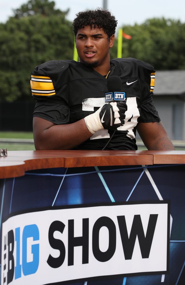 Iowa Hawkeyes offensive lineman Tristan Wirfs (74) on the set of the BTN Tailgate Tour following fall camp Practice No. 16 Tuesday, August 20, 2019 at the Ronald D. and Margaret L. Kenyon Football Practice Facility. (Brian Ray/hawkeyesports.com)