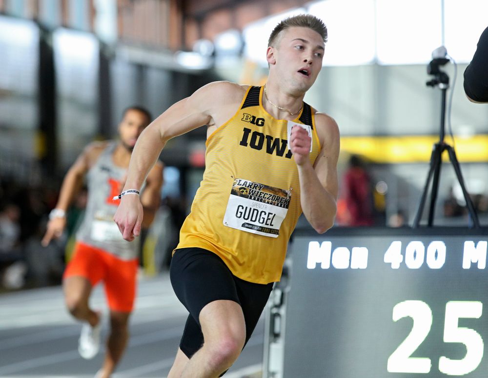 Iowa’s Spencer Gudgel runs the men’s 400 meter dash event during the Larry Wieczorek Invitational at the Recreation Building in Iowa City on Saturday, January 18, 2020. (Stephen Mally/hawkeyesports.com)