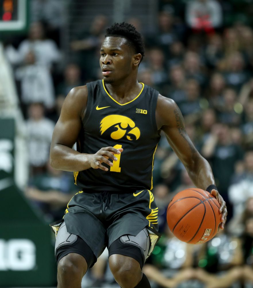 Iowa Hawkeyes guard Joe Toussaint (1) against Michigan State Tuesday, February 25, 2020 at the Breslin Center in East Lansing, MI. (Brian Ray/hawkeyesports.com)