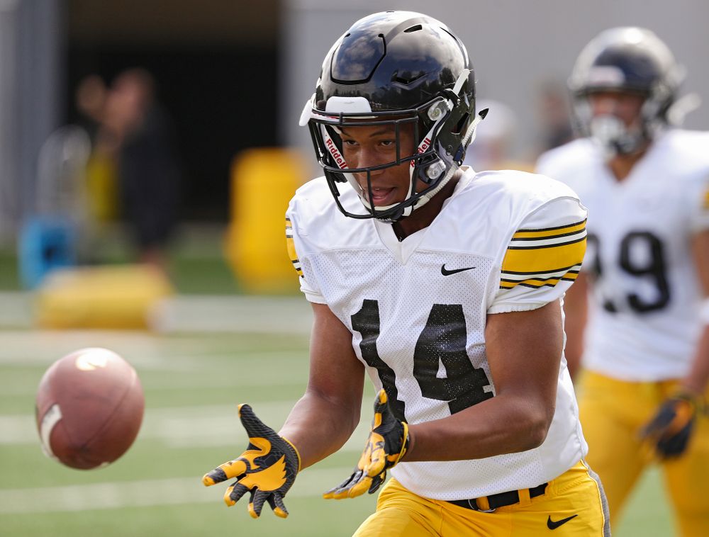 Iowa Hawkeyes defensive back Daraun McKinney (14) pulls in a pass in a drill during Fall Camp Practice No. 11 at the Hansen Football Performance Center in Iowa City on Wednesday, Aug 14, 2019. (Stephen Mally/hawkeyesports.com)