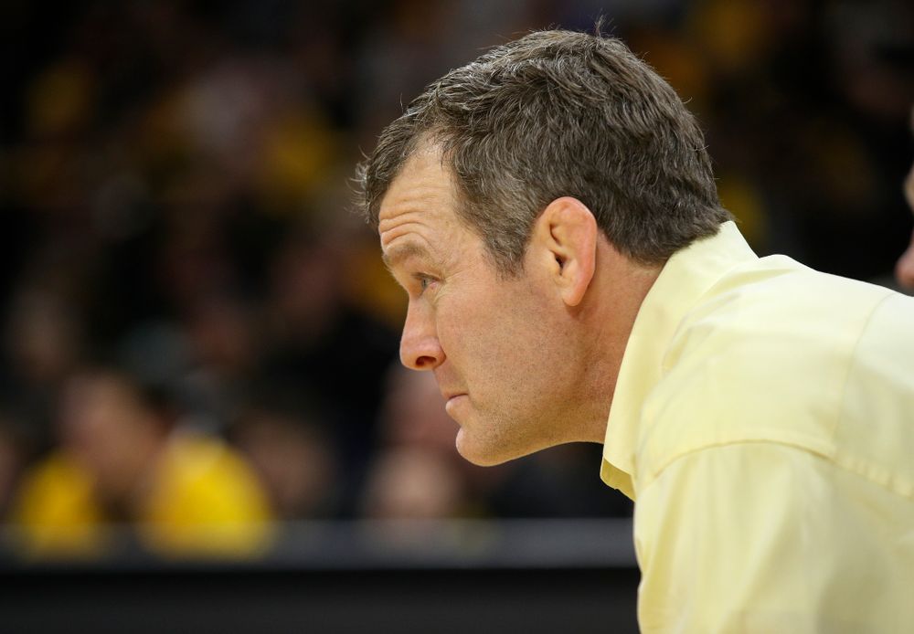 Iowa head coach Tom Brands looks on during Jacob Warner’s 197-pound match during their dual at Carver-Hawkeye Arena in Iowa City on Friday, January 31, 2020. (Stephen Mally/hawkeyesports.com)