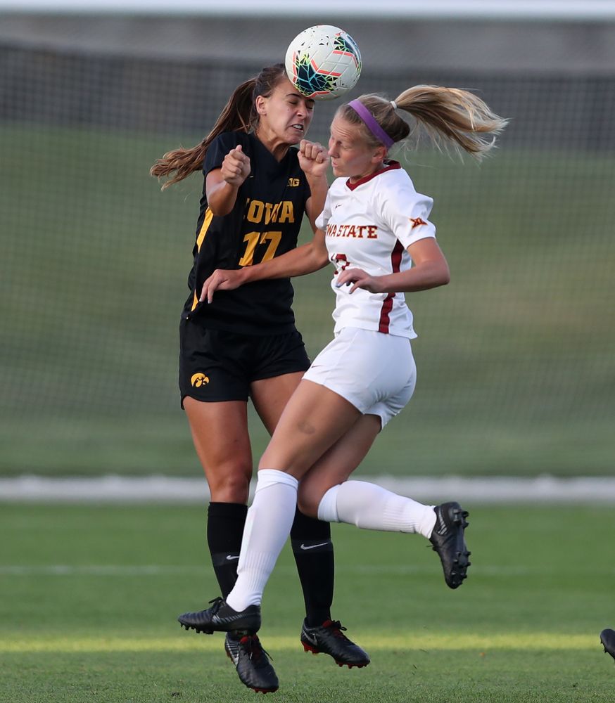 Iowa Hawkeyes defender Hannah Drkulec (17) during a 2-1 victory over the Iowa State Cyclones Thursday, August 29, 2019 in the Iowa Corn Cy-Hawk series at the Iowa Soccer Complex. (Brian Ray/hawkeyesports.com)