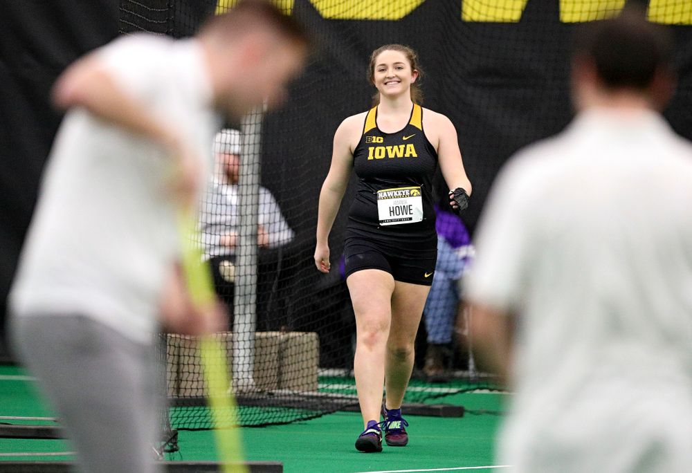 Iowa’s Amanda Howe smiles as her throw is measured in the women’s weight throw event during the Hawkeye Invitational at the Hawkeye Tennis and Recreation Complex in Iowa City on Friday, January 10, 2020. (Stephen Mally/hawkeyesports.com)