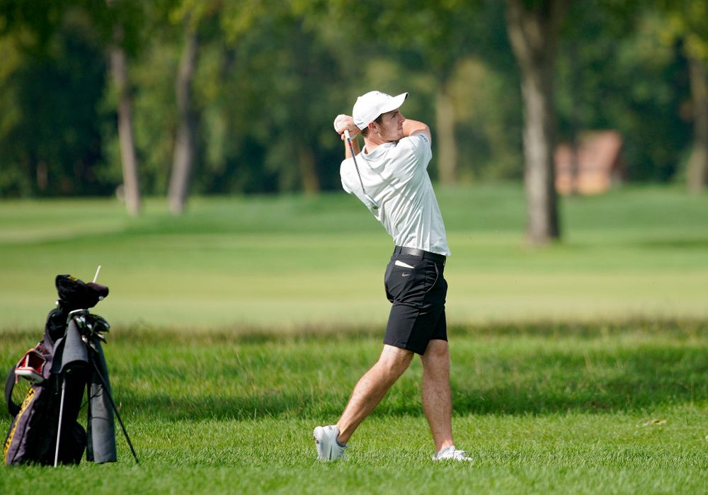 Iowa’s Jake Rowe drives a shot during the second day of the Golfweek Conference Challenge at the Cedar Rapids Country Club in Cedar Rapids on Monday, Sep 16, 2019. (Stephen Mally/hawkeyesports.com)