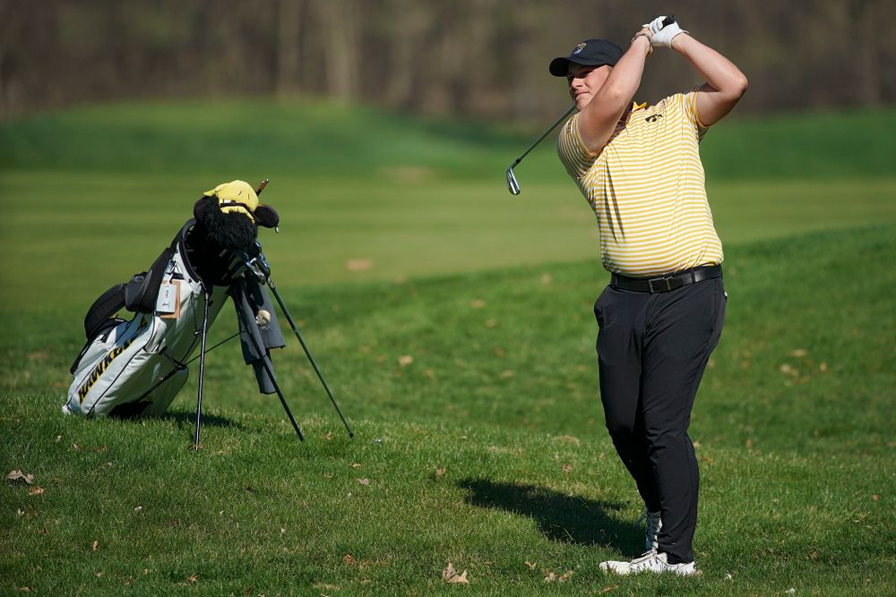 Iowa's Alex Schaake hits during the third round of the Hawkeye Invitational at Finkbine Golf Course in Iowa City on Sunday, Apr. 21, 2019. (Stephen Mally/hawkeyesports.com)