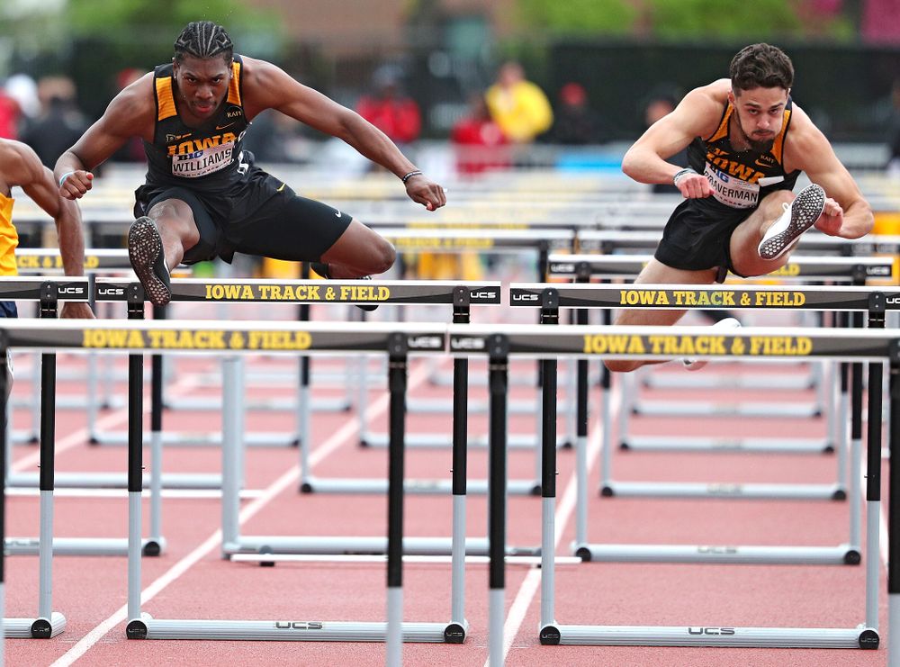 Iowa's Anthony Williams (from left) and Josh Braverman run the men’s 110 meter hurdles event on the second day of the Big Ten Outdoor Track and Field Championships at Francis X. Cretzmeyer Track in Iowa City on Saturday, May. 11, 2019. (Stephen Mally/hawkeyesports.com)
