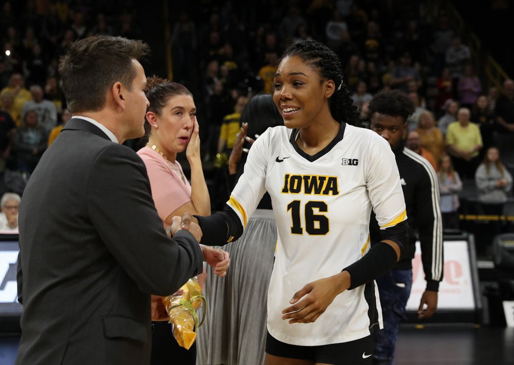 Iowa Hawkeyes outside hitter Taylor Louis (16 during senior day activities before their game against the Ohio State Buckeyes Saturday, November 24, 2018 at Carver-Hawkeye Arena. (Brian Ray/hawkeyesports.com)