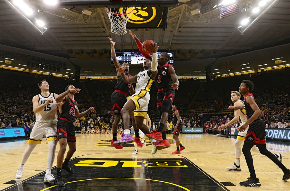 Iowa Hawkeyes guard Joe Toussaint (1) puts up a shot during the second half of their game at Carver-Hawkeye Arena in Iowa City on Friday, Nov 8, 2019. (Stephen Mally/hawkeyesports.com)