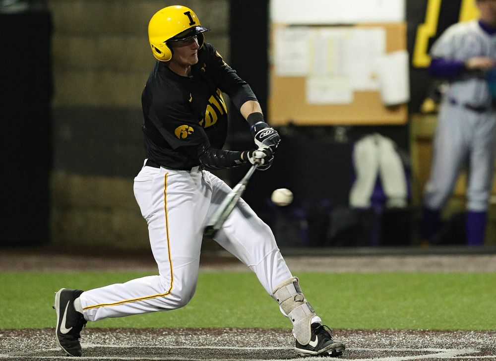 Iowa Hawkeyes second baseman Brendan Sher (2) gets a hit during the seventh inning of their game against Western Illinois at Duane Banks Field in Iowa City on Wednesday, May. 1, 2019. (Stephen Mally/hawkeyesports.com)