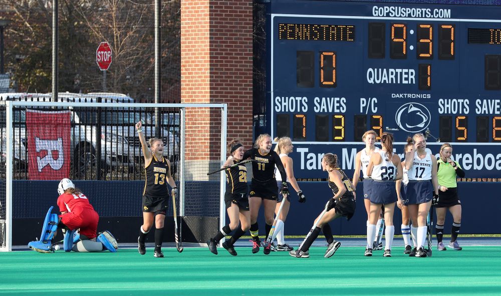 Iowa Hawkeyes forward Maddy Murphy (26) celebrates her game winning goal against Penn State in the 2019 Big Ten Field Hockey Tournament Championship Game Sunday, November 10, 2019 in State College. (Brian Ray/hawkeyesports.com)
