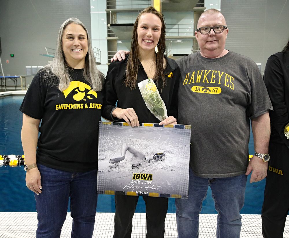 Iowa’s Allyssa Fluit is honored on senior day before their meet at the Campus Recreation and Wellness Center in Iowa City on Friday, February 7, 2020. (Stephen Mally/hawkeyesports.com)