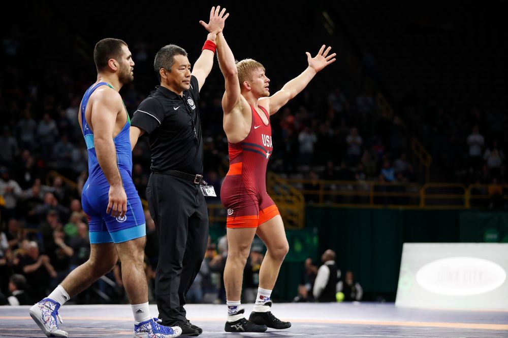Kyle Dake during the gold medal match of the United World Wrestling Freestyle World Cup against Azerbaijan Sunday, April 8, 2018 at Carver-Hawkeye Arena. (Brian Ray/hawkeyesports.com)