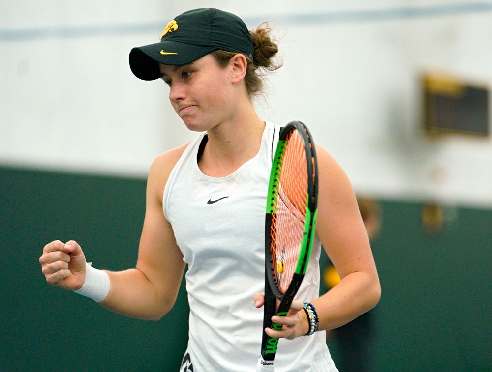 Iowa’s Elise Van Heuvelen celebrates a point during her doubles match at the Hawkeye Tennis and Recreation Complex in Iowa City on Sunday, February 16, 2020. (Stephen Mally/hawkeyesports.com)