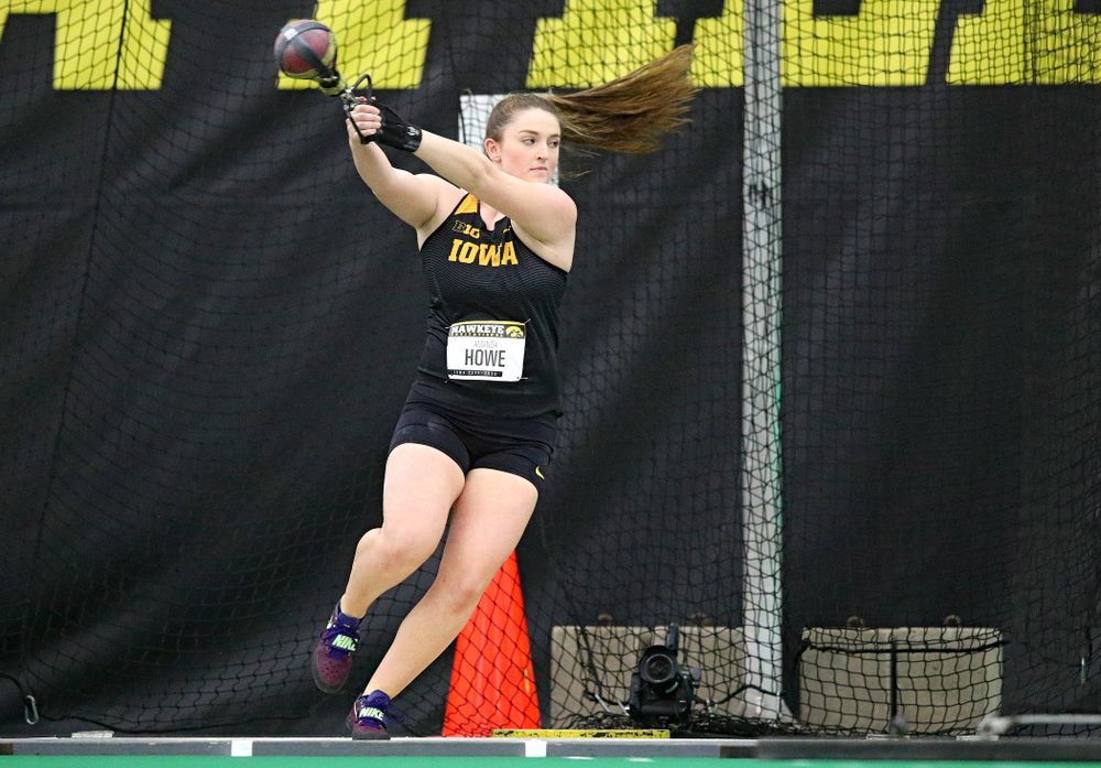 Iowa’s Amanda Howe throws in the women’s weight throw event during the Hawkeye Invitational at the Hawkeye Tennis and Recreation Complex in Iowa City on Friday, January 10, 2020. (Stephen Mally/hawkeyesports.com)