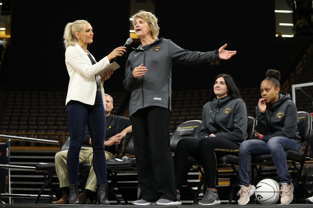 Laura Vandenberg interviews Iowa Hawkeyes head coach Lisa Bluder during the teamÕs Celebr-Eight event Wednesday, April 24, 2019 at Carver-Hawkeye Arena. (Brian Ray/hawkeyesports.com)