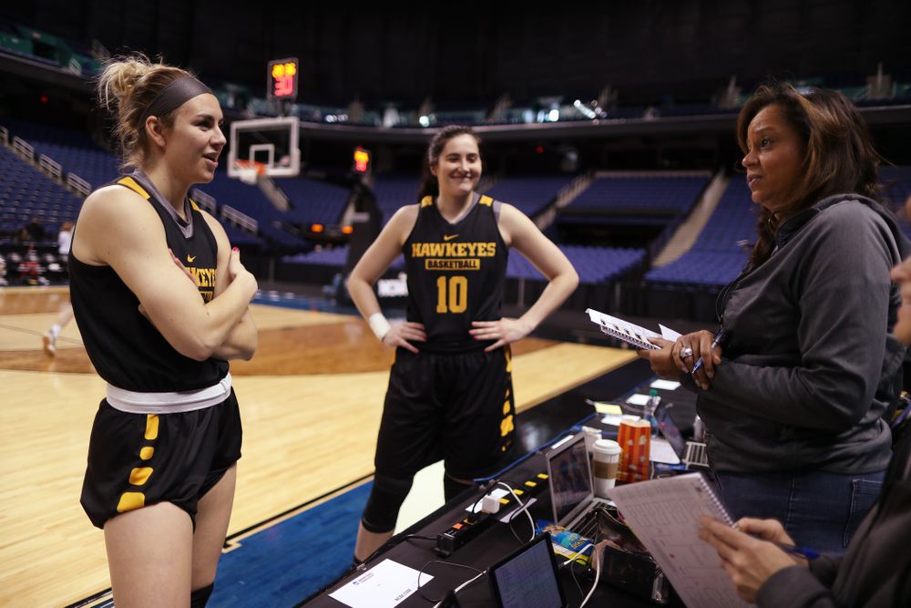 Iowa Hawkeyes forward Hannah Stewart (21) during practice and media before the regional final of the 2019 NCAA Women's College Basketball Tournament against the Baylor Bears Sunday, March 31, 2019 at Greensboro Coliseum in Greensboro, NC.(Brian Ray/hawkeyesports.com)