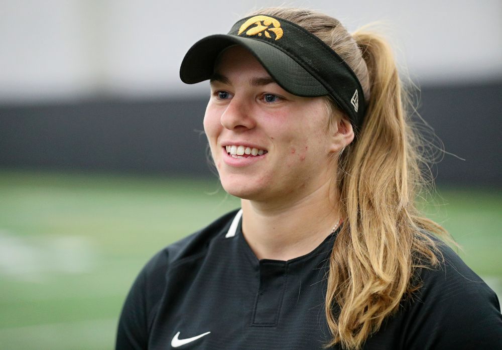 Iowa infielder Sydney Owens (5) answers questions during Iowa Softball Media Day at the Hawkeye Tennis and Recreation Complex in Iowa City on Thursday, January 30, 2020. (Stephen Mally/hawkeyesports.com)