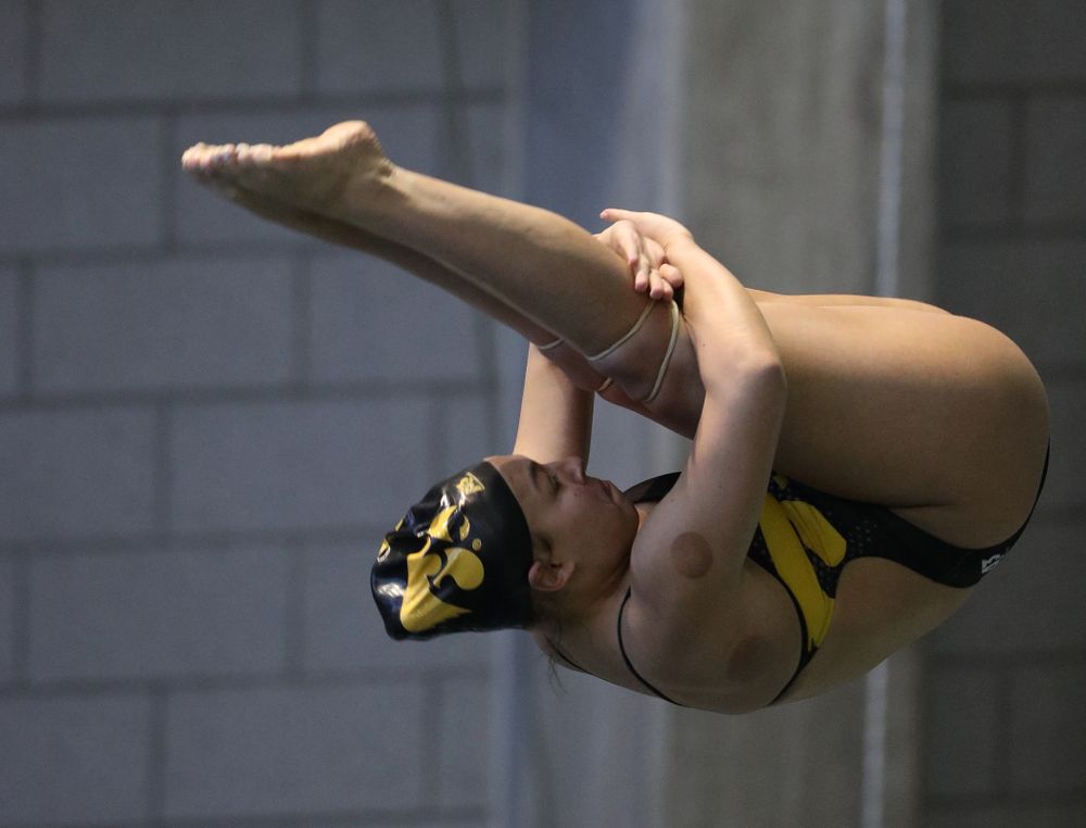 Iowa's Jolynn Harris competes on the 3 meter springboard during a double dual against Wisconsin and Northwestern Saturday, January 19, 2019 at the Campus Recreation and Wellness Center. (Brian Ray/hawkeyesports.com)