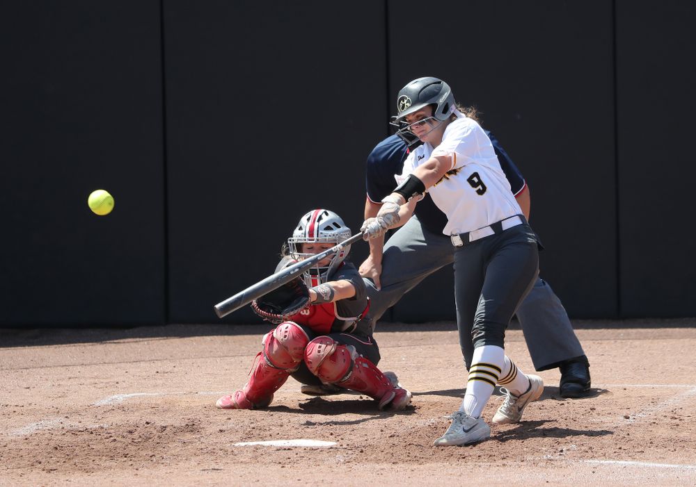 Iowa Hawkeyes Abby Lien (9) doubles against the Ohio State Buckeyes on senior day Sunday, May 5, 2019 at Pearl Field. (Brian Ray/hawkeyesports.com)