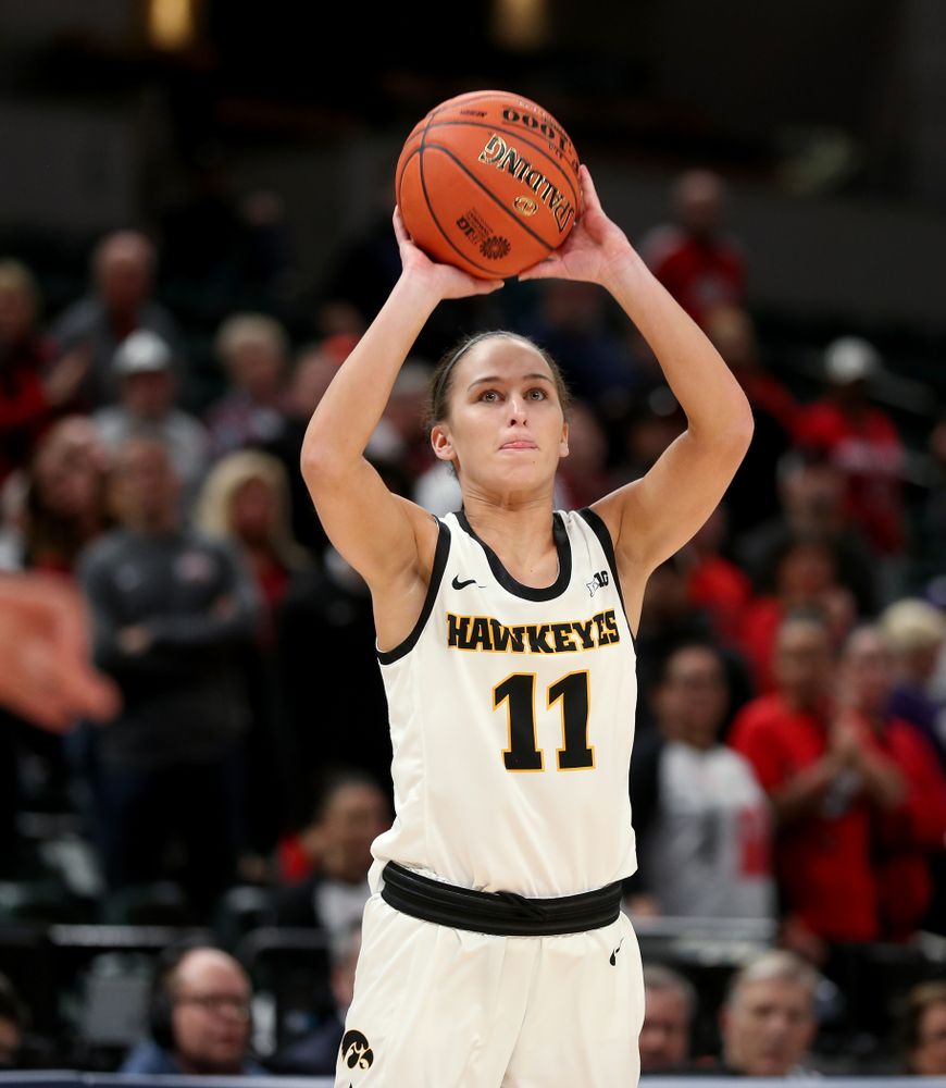 Iowa Hawkeyes guard Megan Meyer (11) against Ohio State in the quarterfinals of the Big Ten Basketball Tournament Friday, March 6, 2020 at Bankers Life Fieldhouse in Indianapolis. (Brian Ray/hawkeyesports.com)