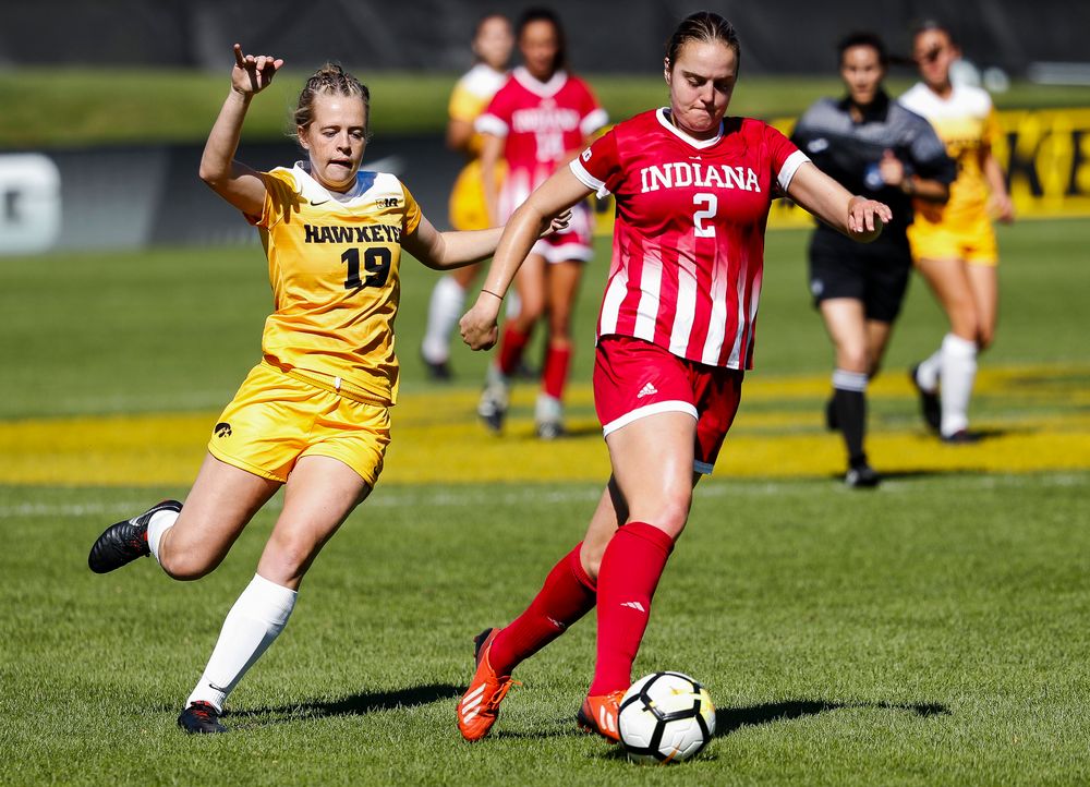 Iowa Hawkeyes forward Jenny Cape (19) defends during a game against Indiana at the Iowa Soccer Complex on September 23, 2018. (Tork Mason/hawkeyesports.com)