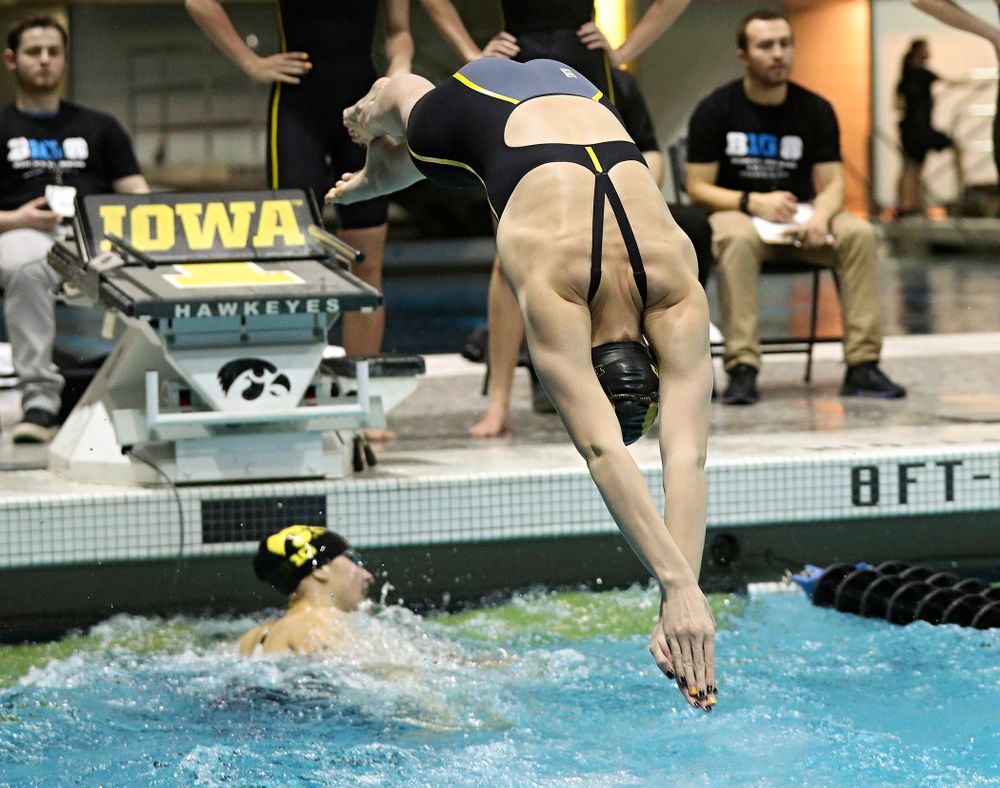 Iowa’s Allyssa Fluit swims the women’s 400 yard freestyle relay event during the 2020 Women’s Big Ten Swimming and Diving Championships at the Campus Recreation and Wellness Center in Iowa City on Saturday, February 22, 2020. (Stephen Mally/hawkeyesports.com)