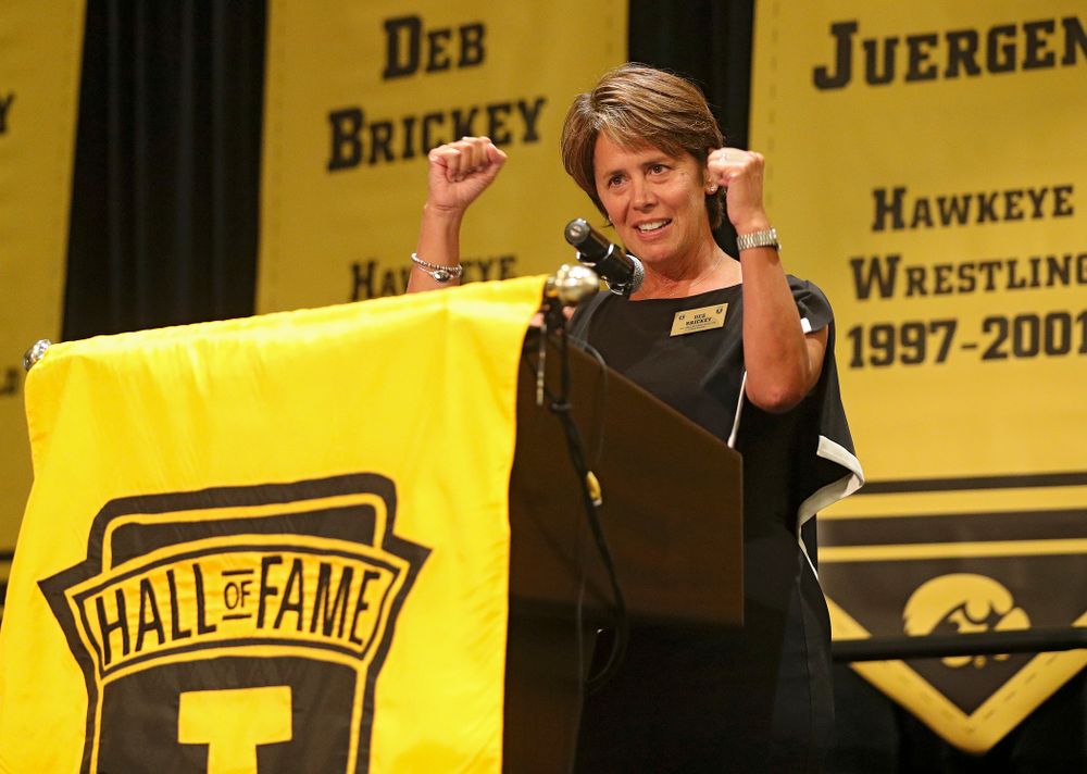 2019 University of Iowa Athletics Hall of Fame inductee Deb Brickey speaks during the Hall of Fame Induction Ceremony at the Coralville Marriott Hotel and Conference Center in Coralville on Friday, Aug 30, 2019. (Stephen Mally/hawkeyesports.com)