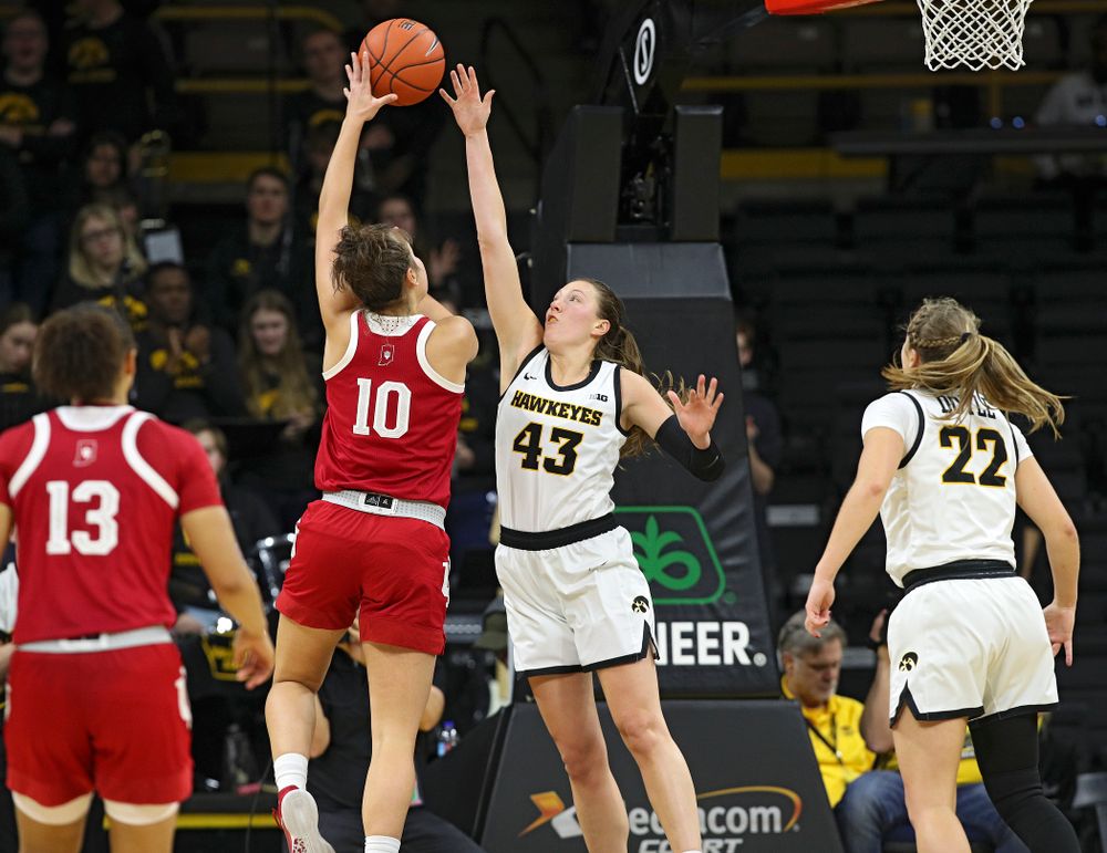 Iowa Hawkeyes forward Amanda Ollinger (43) defends on a shot during the third quarter of their game at Carver-Hawkeye Arena in Iowa City on Sunday, January 12, 2020. (Stephen Mally/hawkeyesports.com)
