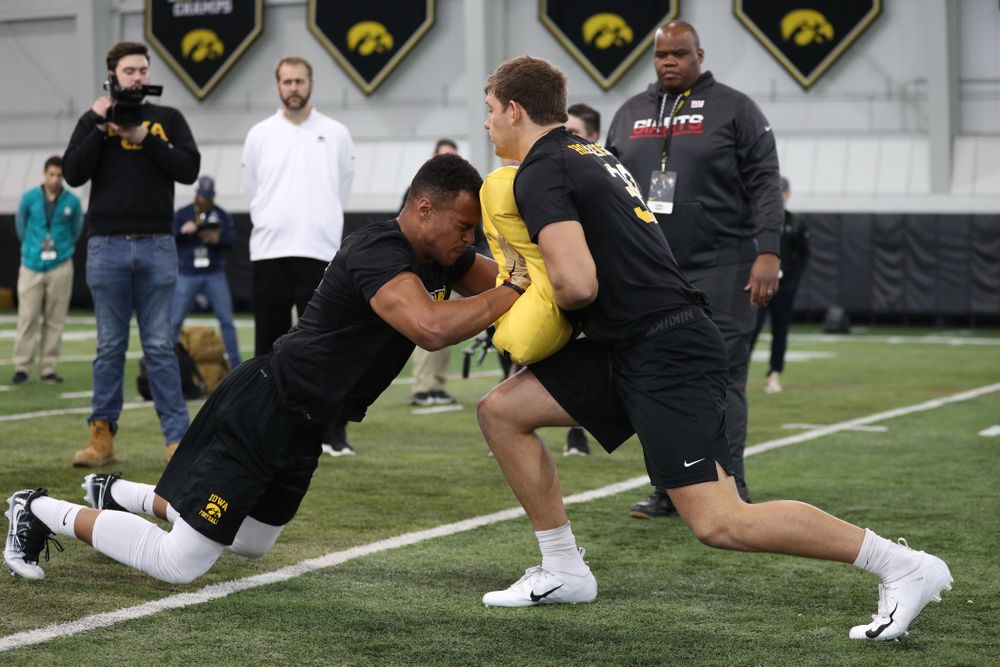 Iowa Hawkeyes tight end Noah Fant (87) and tight end T.J. Hockenson (38) during the teamÕs annual Pro Day Monday, March 25, 2019 at the Hansen Football Performance Center. (Brian Ray/hawkeyesports.com)
