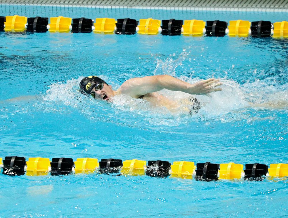 Iowa’s Tom Schab swims the men’s 1000-yard freestyle event during their meet against Michigan State and Northern Iowa at the Campus Recreation and Wellness Center in Iowa City on Friday, Oct 4, 2019. (Stephen Mally/hawkeyesports.com)