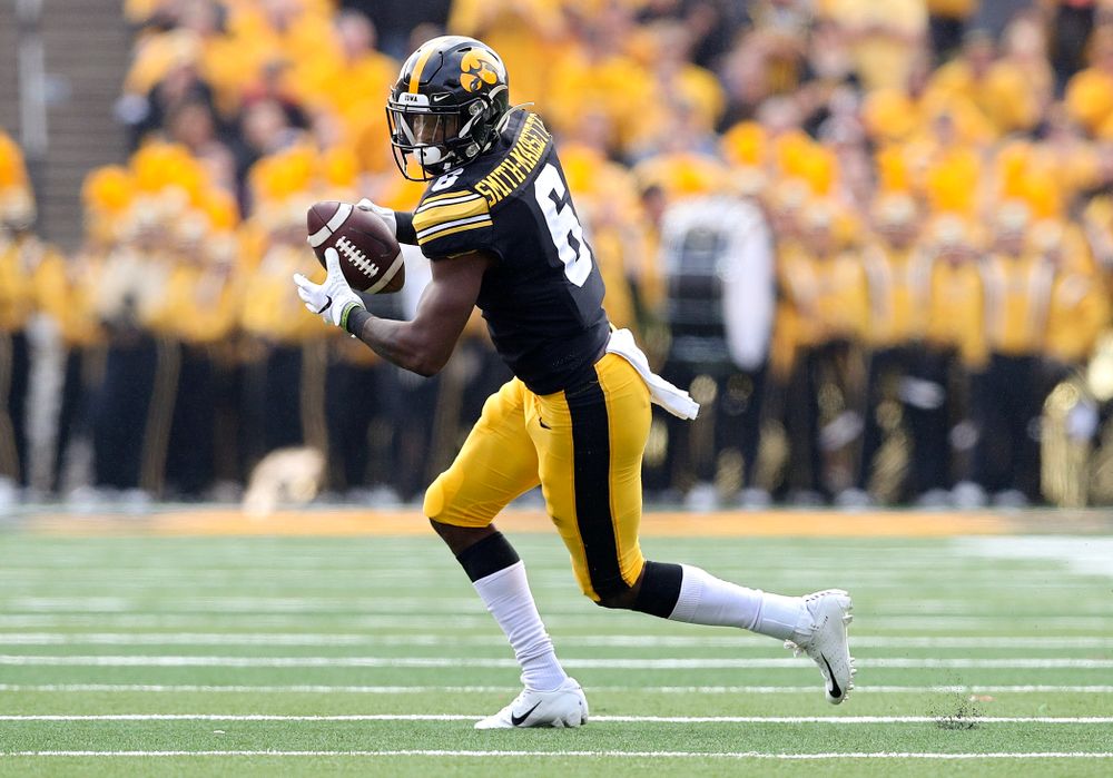 Iowa Hawkeyes wide receiver Ihmir Smith-Marsette (6) pulls in a pass during the second quarter of their game at Kinnick Stadium in Iowa City on Saturday, Sep 28, 2019. (Stephen Mally/hawkeyesports.com)