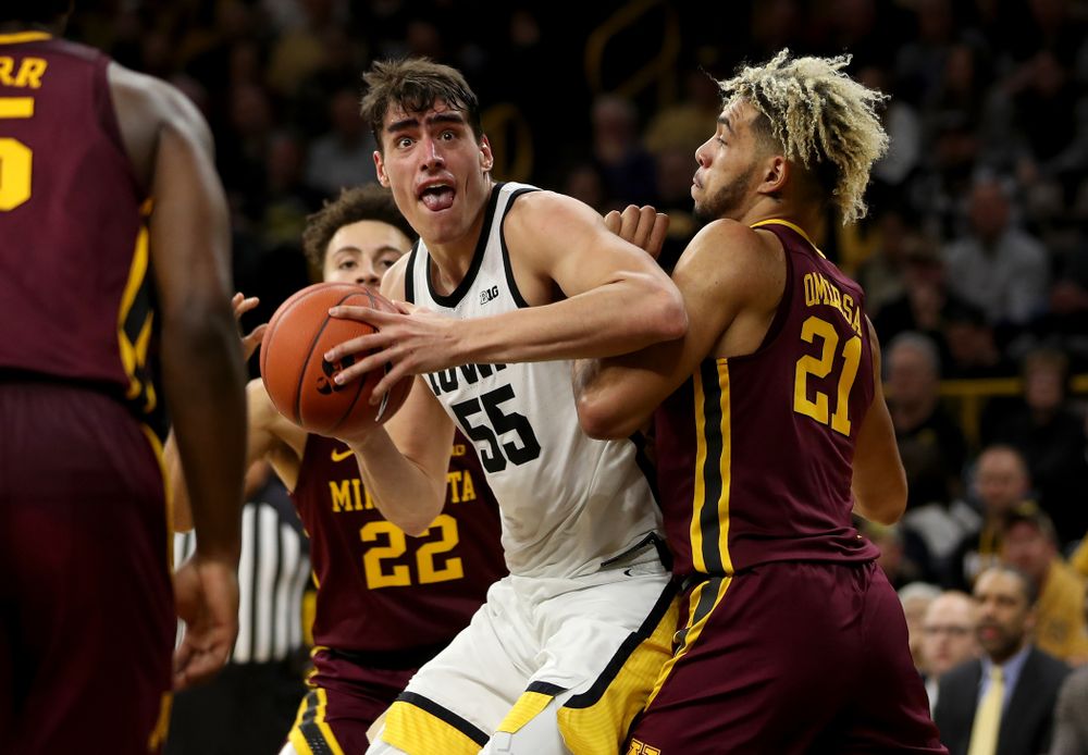 Iowa Hawkeyes forward Luka Garza (55) goes to the hoop against the Minnesota Golden Gophers Monday, December 9, 2019 at Carver-Hawkeye Arena. (Brian Ray/hawkeyesports.com)
