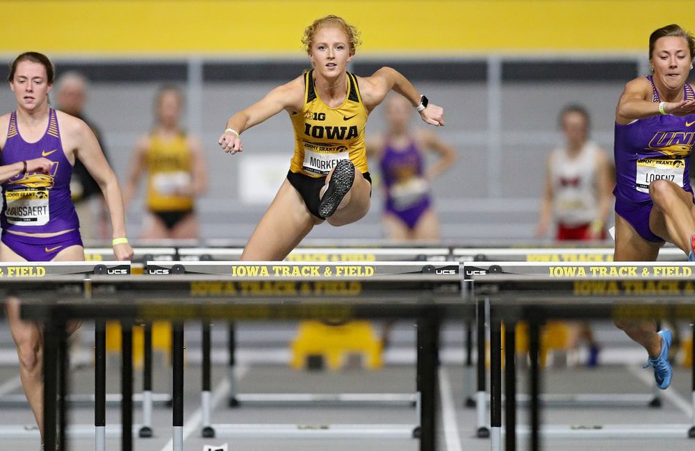 Iowa’s Kylie Morken competes in the women’s 60 meter hurdles prelims event during the Jimmy Grant Invitational at the Recreation Building in Iowa City on Saturday, December 14, 2019. (Stephen Mally/hawkeyesports.com)
