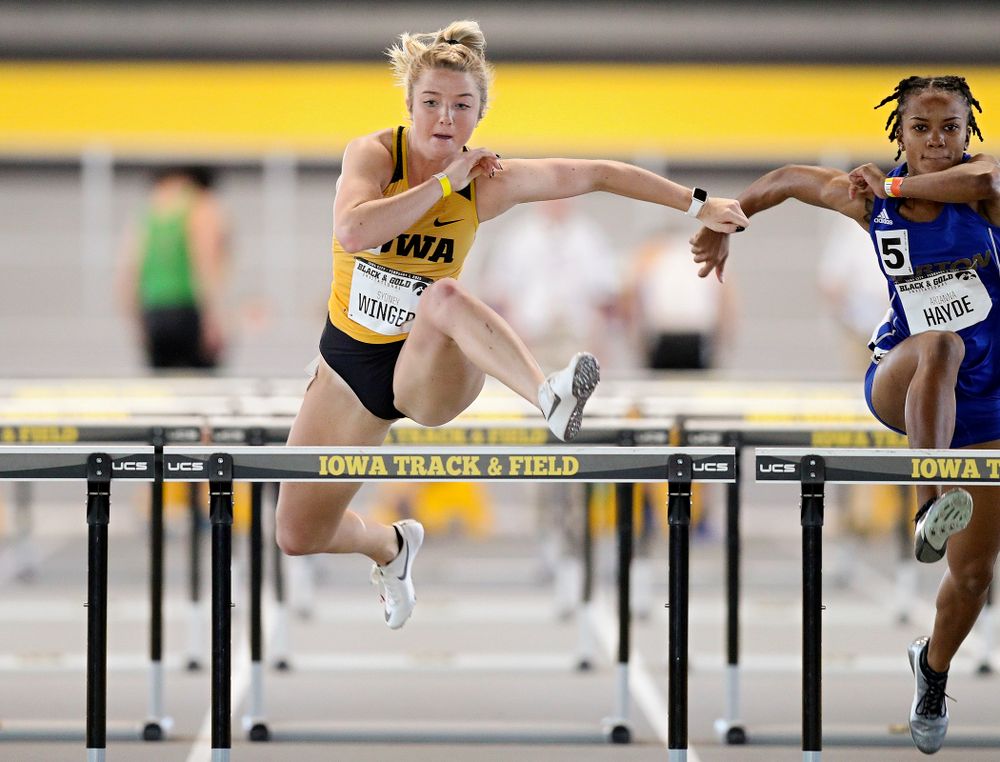 Iowa’s Sydney Winger runs the women’s 60 meter hurdles event at the Black and Gold Invite at the Recreation Building in Iowa City on Saturday, February 1, 2020. (Stephen Mally/hawkeyesports.com)