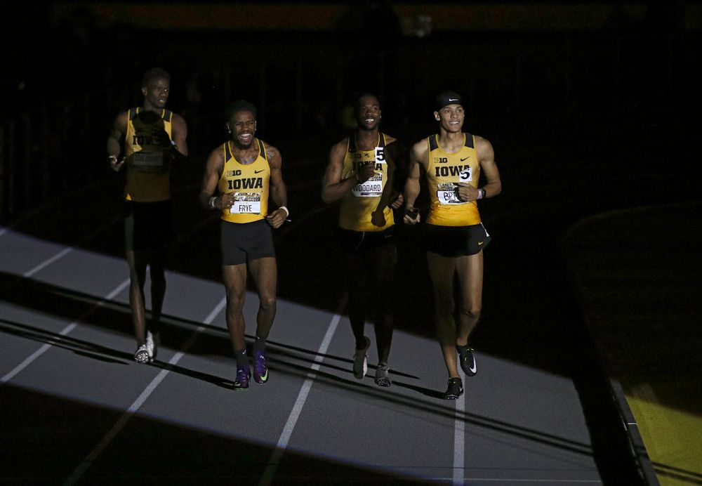 Iowa’s Wayne Lawrence Jr. (from left), DeJuan Frye, Antonio Woodard, and Jamal Britt are introduced to run the men’s 1600 meter relay premier event during the Larry Wieczorek Invitational at the Recreation Building in Iowa City on Saturday, January 18, 2020. (Stephen Mally/hawkeyesports.com)
