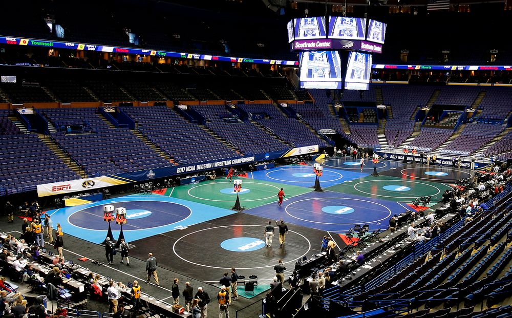 Eight mats ready on the arena of the Scottrade Center