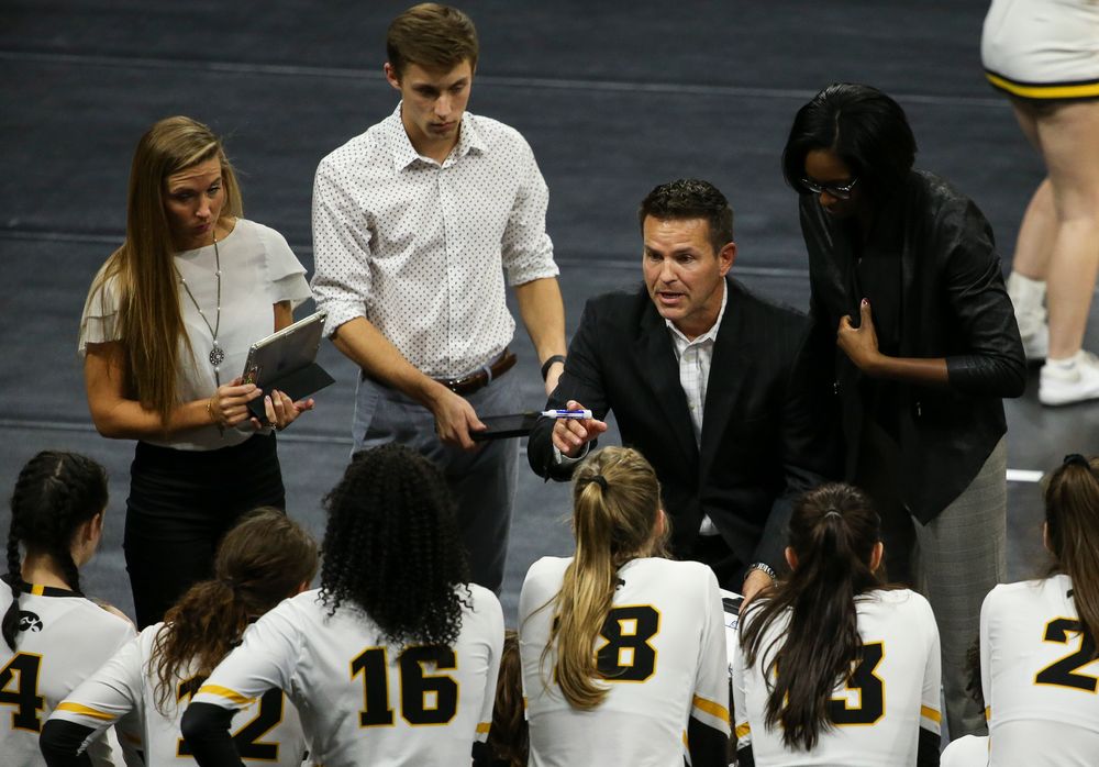 Iowa Hawkeyes head coach Bond Shymansky gives instructions in a timeout during a game against Purdue at Carver-Hawkeye Arena on October 13, 2018. (Tork Mason/hawkeyesports.com)