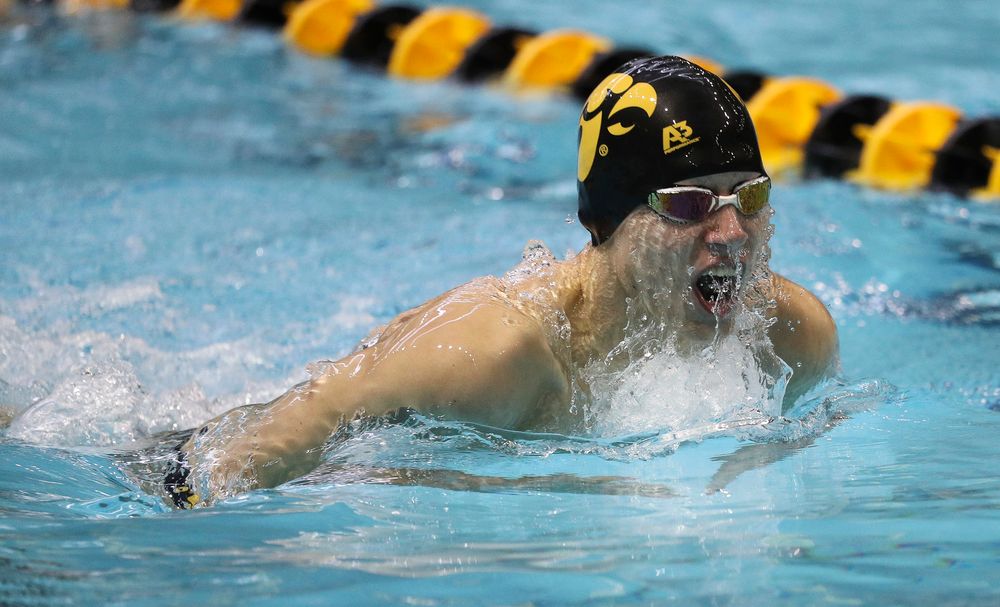 Iowa's Andrew Fierke competes in the 200-yard breaststroke during a meet against Michigan and Denver at the Campus Recreation and Wellness Center on November 3, 2018. (Tork Mason/hawkeyesports.com)