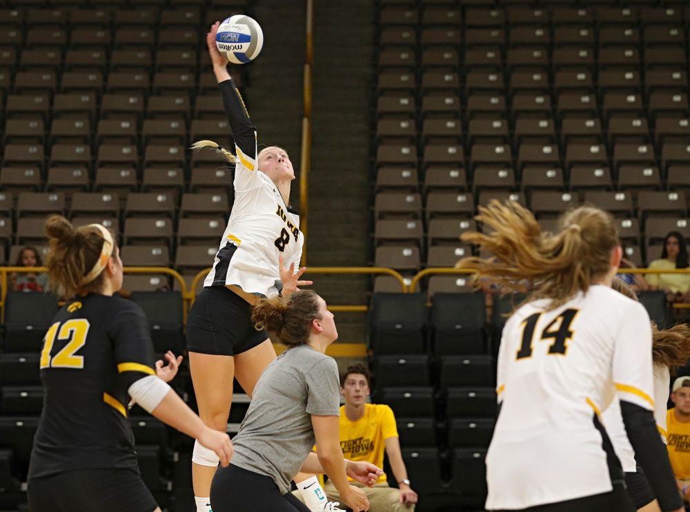 Iowa’s Kyndra Hansen (8) during the second set of the Black and Gold scrimmage at Carver-Hawkeye Arena in Iowa City on Saturday, Aug 24, 2019. (Stephen Mally/hawkeyesports.com)