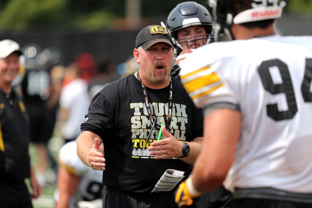 Iowa Hawkeyes offensive line coach Tim Polasek during the third practice of fall camp Sunday, August 5, 2018 at the Kenyon Football Practice Facility. (Brian Ray/hawkeyesports.com)