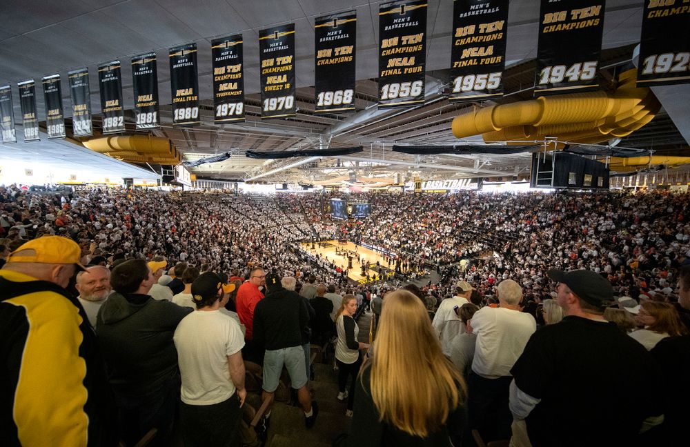 Fans cheer before the game at Carver-Hawkeye Arena in Iowa City on Sunday, February 2, 2020. (Stephen Mally/hawkeyesports.com)