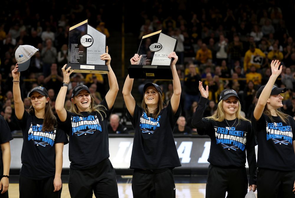 Isabella Solaroli, Katie Birch, Sophie Sunderland, Leslie Speight and the rest of the Iowa Field Hockey team are recognized during the Iowa Hawkeyes game against the Ohio State Buckeyes Thursday, February 20, 2020 at Carver-Hawkeye Arena. (Brian Ray/hawkeyesports.com)